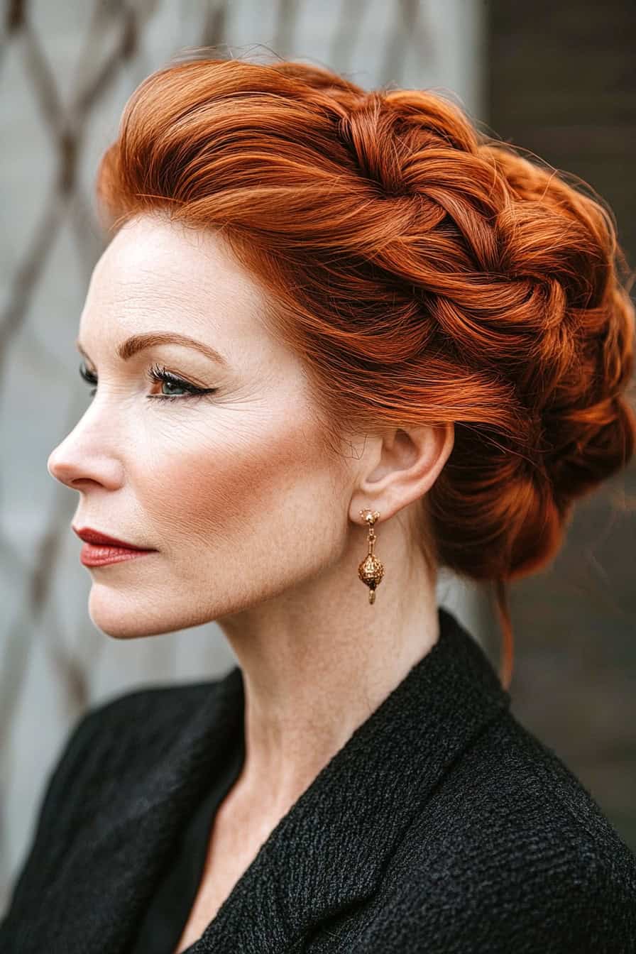 Woman with copper braided updo styled in a trendy braided updo, adding chic volume and a fashionable edge.