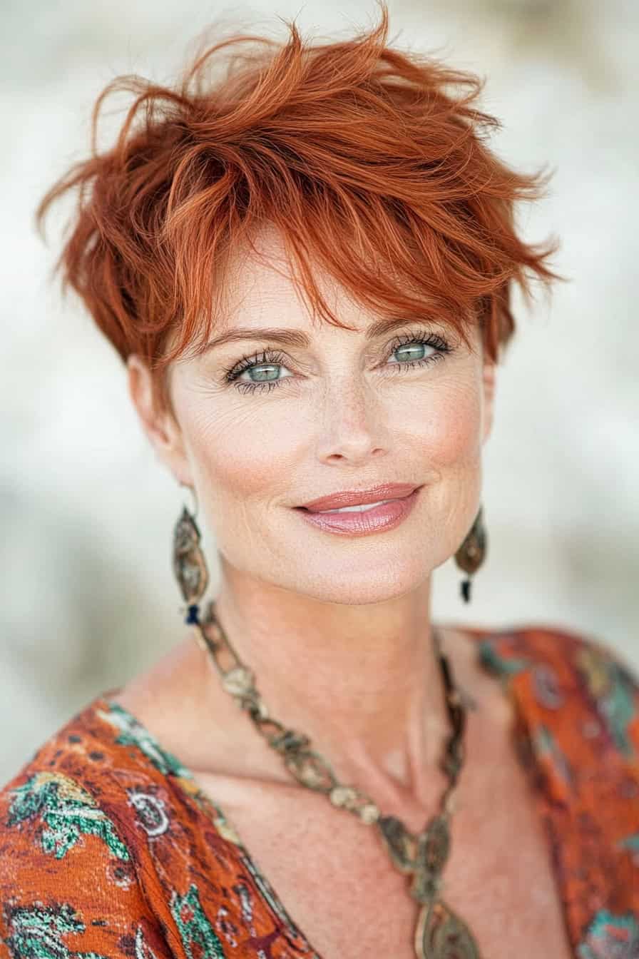 Woman with short red hair styled in a playful short cut with textured layers, adding depth and dimension.