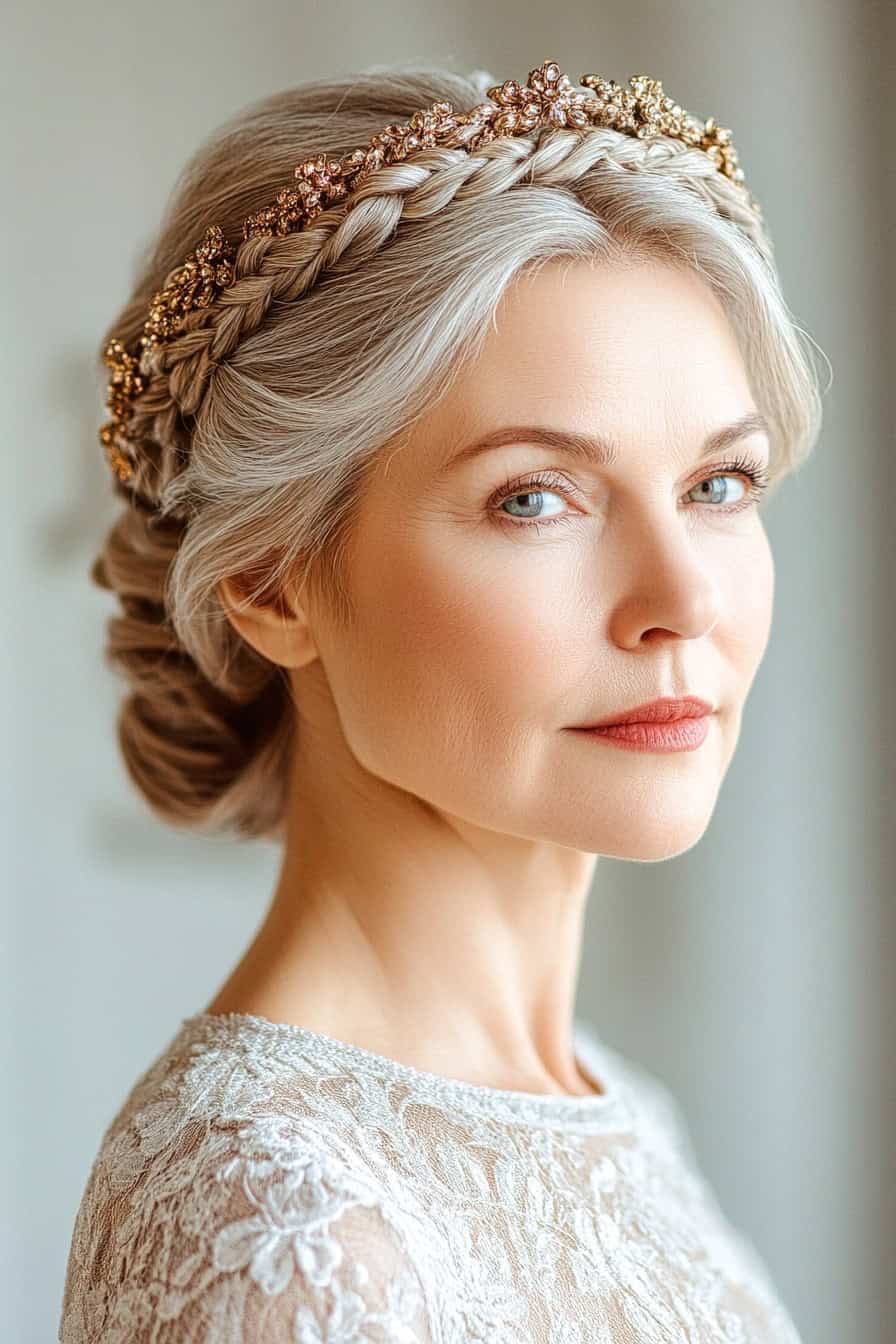 Woman with silver braid hairstyle styled in a braided crown, adding a regal and elegant flair.