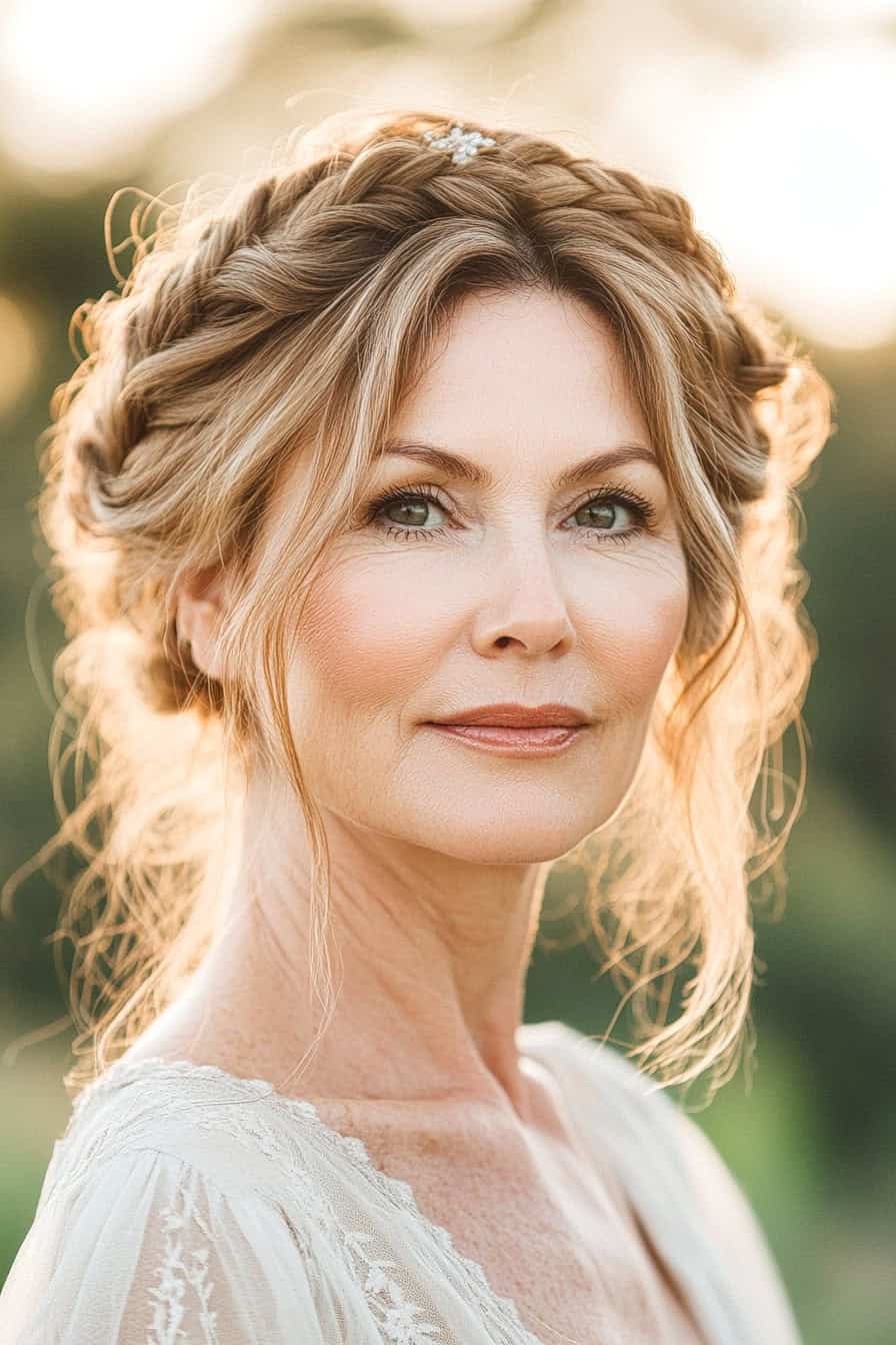 Woman with a braided hairstyle and loose tendrils styled in a chic braided crown with long layers, adding elegance and volume.