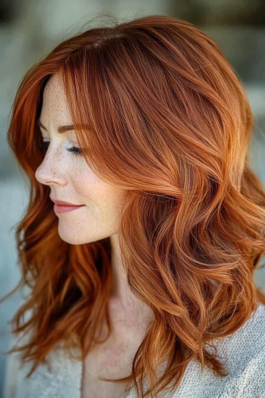 Woman with copper waves hairstyle showcasing relaxed and voluminous fine hair, perfect for a beachy vibe.