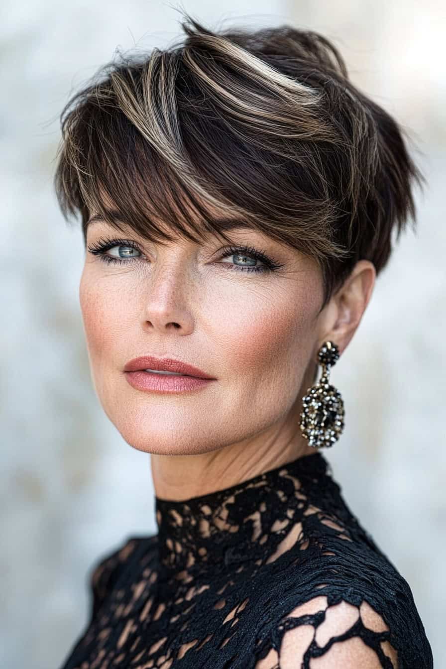 Woman with layered bob haircut showcasing a flattering pixie cut, adding volume and youthfulness to her fine hair.