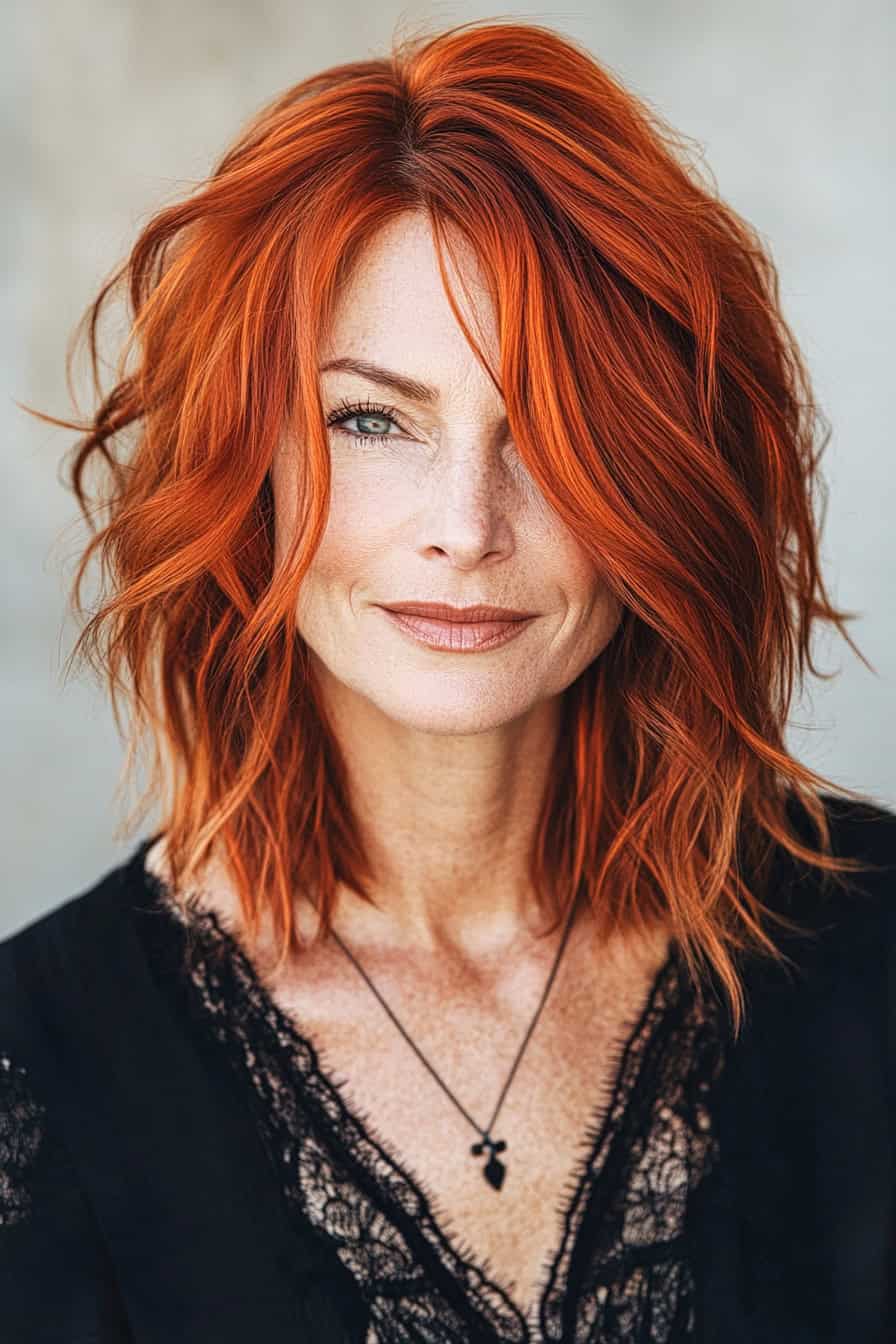 Woman with red wavy haircut styled in an edgy shaggy bob, adding texture and volume to her fine hair.