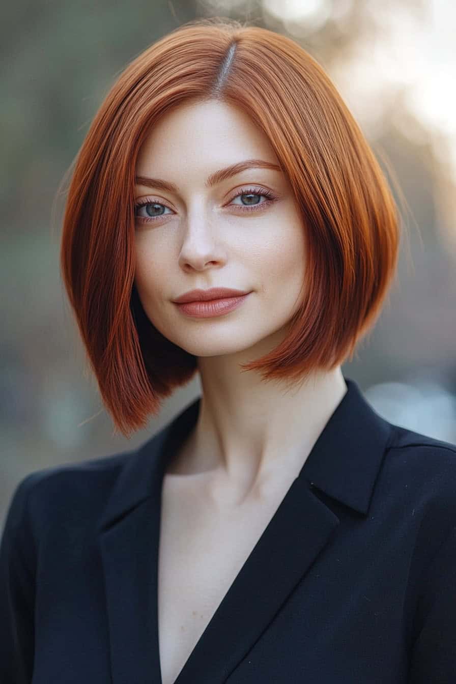 Woman with sleek red haircut styled in a blunt bob that offers a chic and polished edge to thick hair.