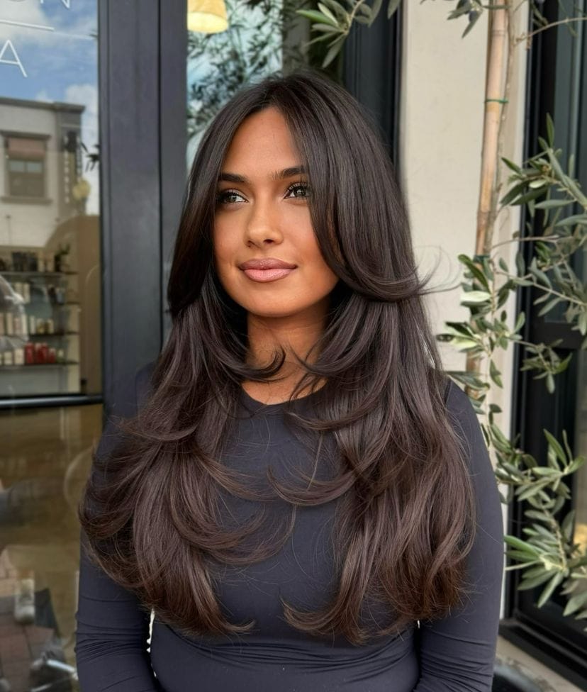 2025-hair-trends-7 Gorgeous woman with a long layered haircut.