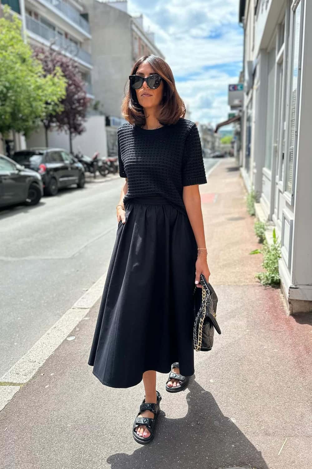 all-black-outfits-8 Textured Top and Midi Skirt