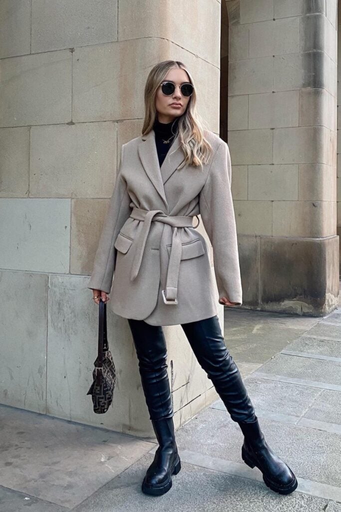 beige-blazer-outfits-7-683x1024-1 Belted Beige Blazer with Leather Pants