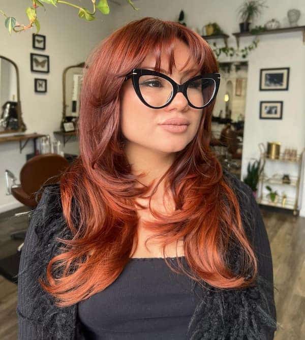 copper-brown-layered-haircut-with-bangs Copper Brown Layered Haircut with Bangs