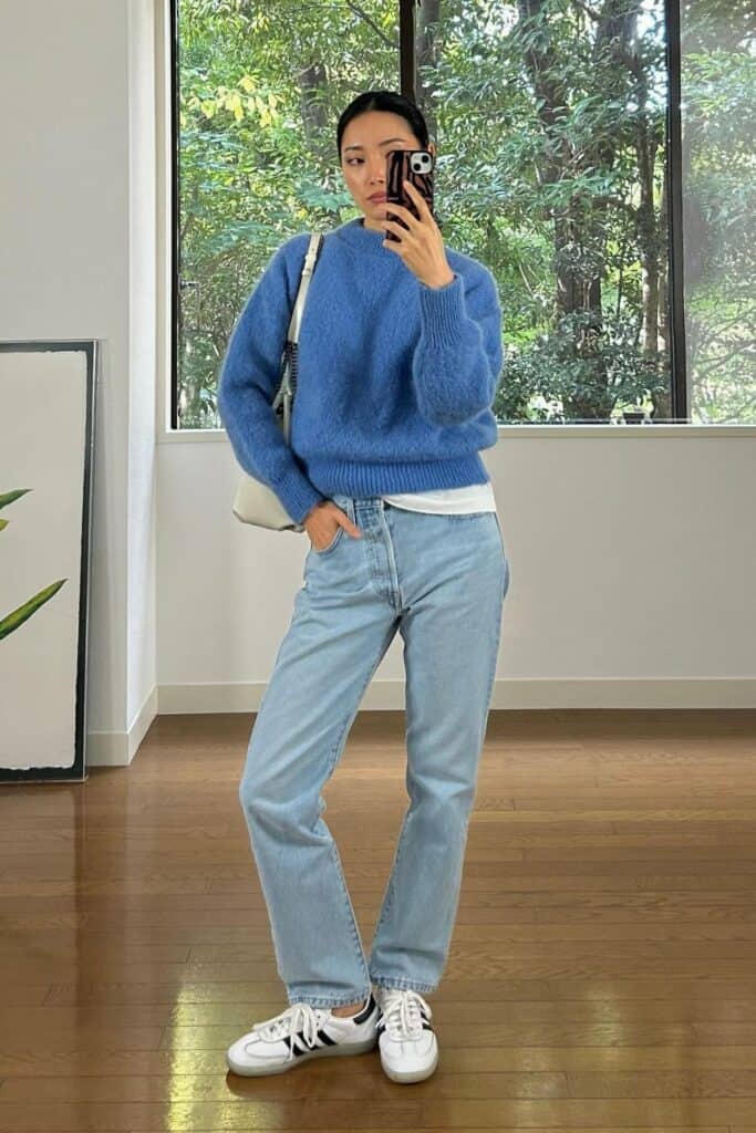 Blue Sweater and Light Jeans