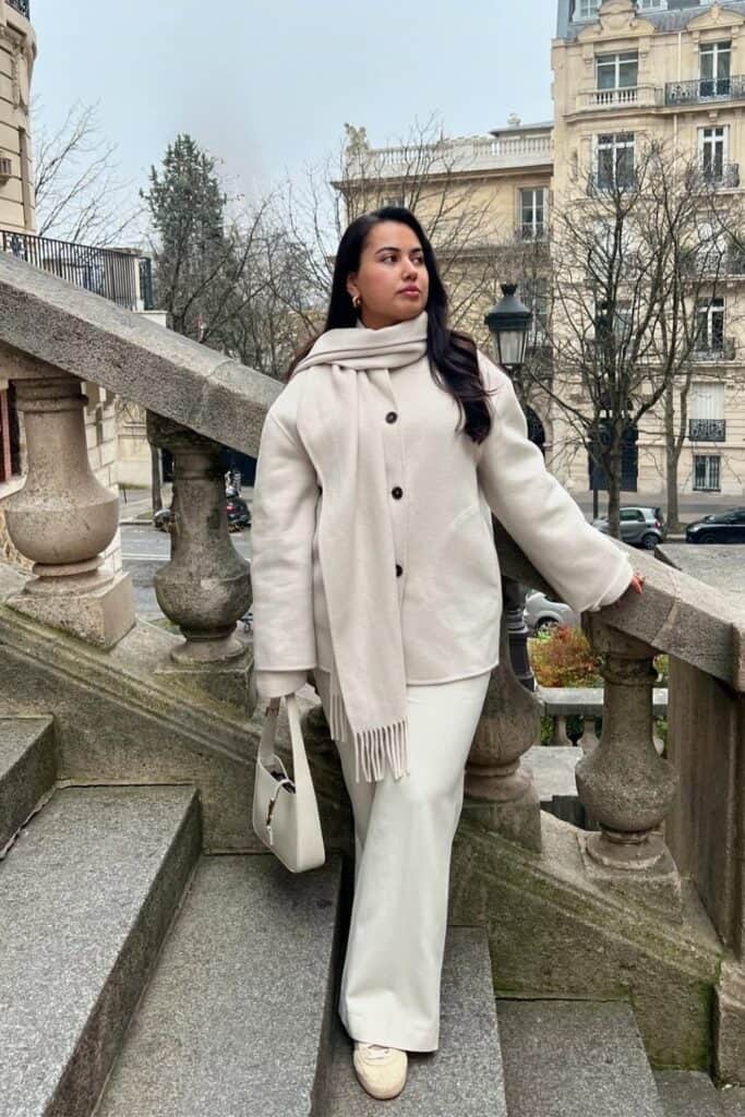 Cream Coat and Wide-Leg Pants