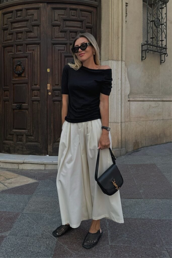 Black Top and Cream Skirt