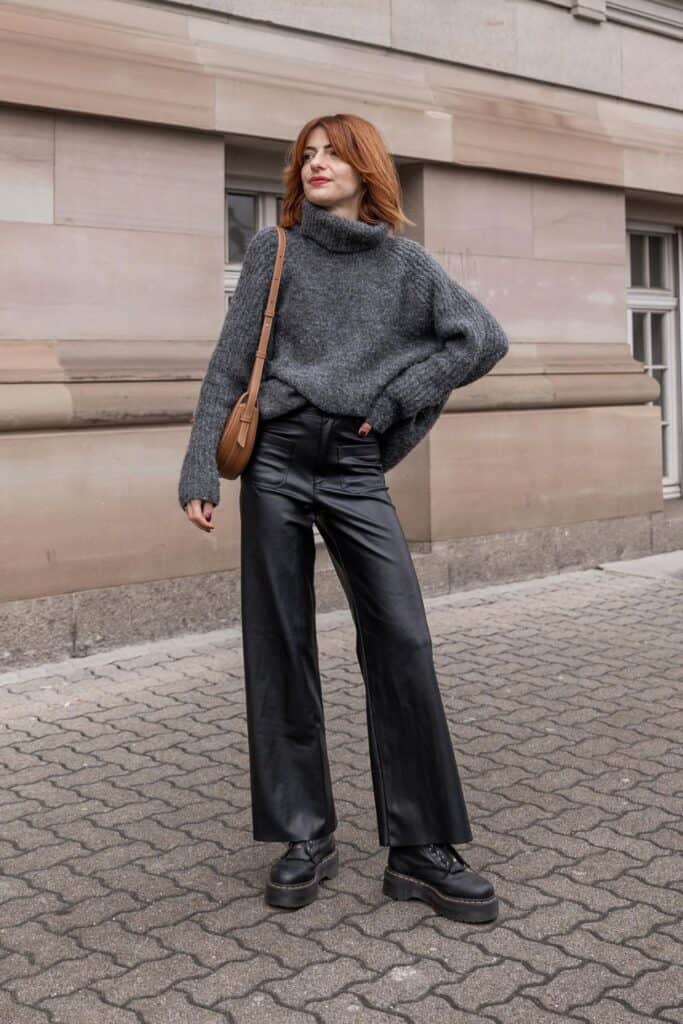 Grey Sweater and Leather Pants