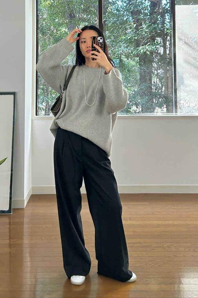 Gray Sweater and Black Trousers