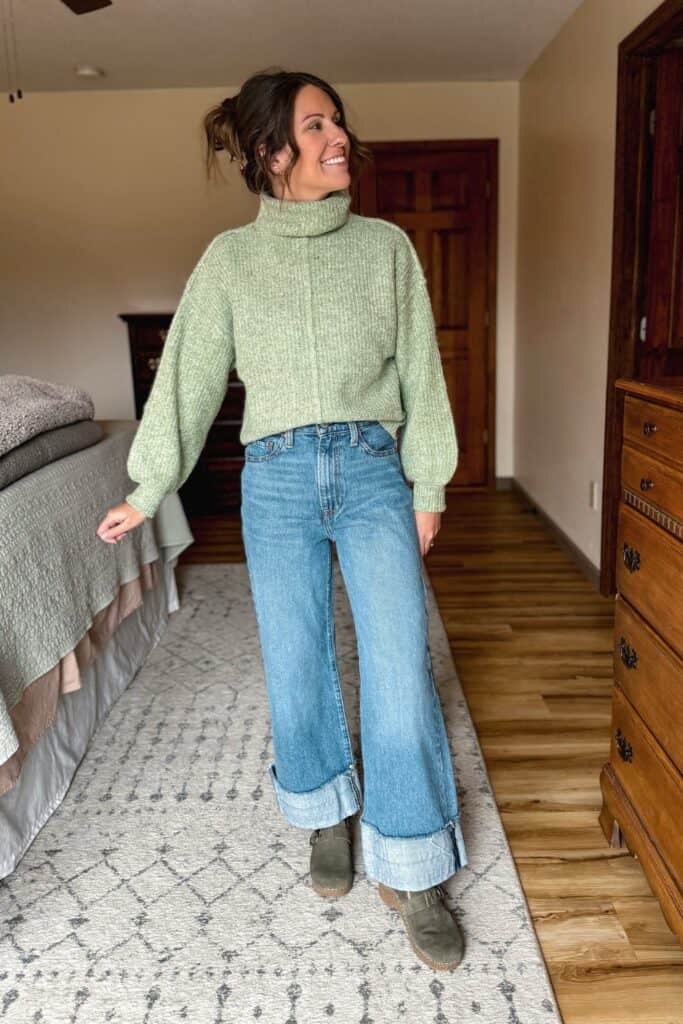Mint Sweater and Wide-Leg Jeans
