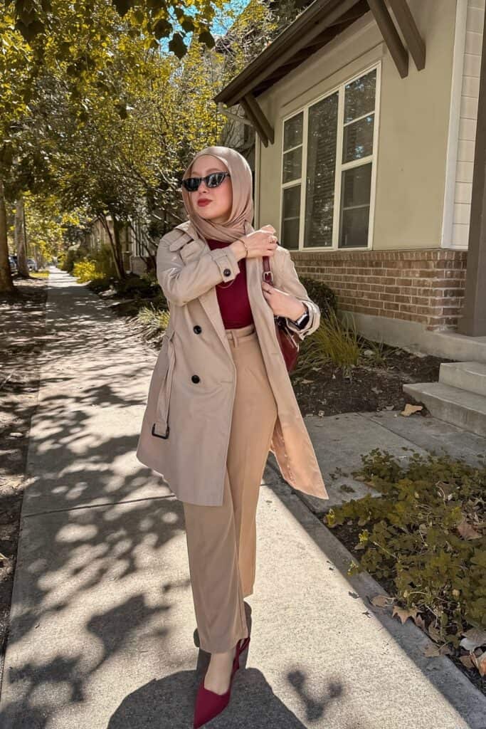Beige Trench with Burgundy Accents