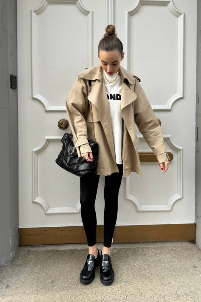 Beige Trench with Graphic Tee and Leggings