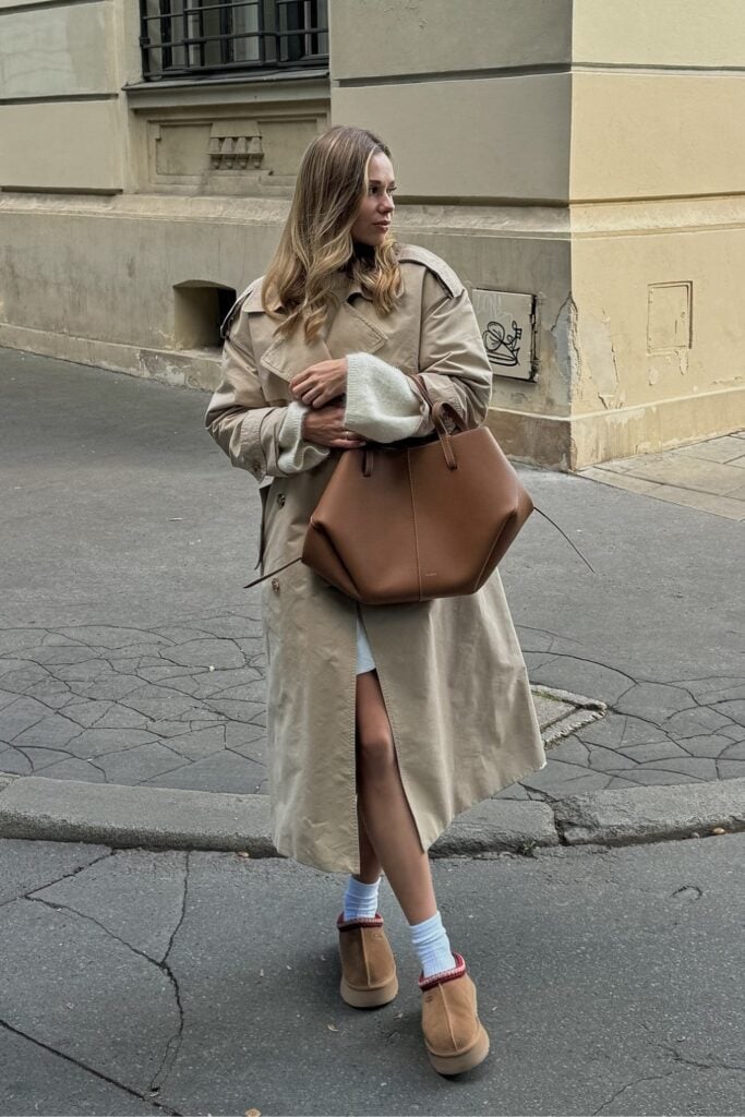 Beige Trench with Tan UGG-Style Boots