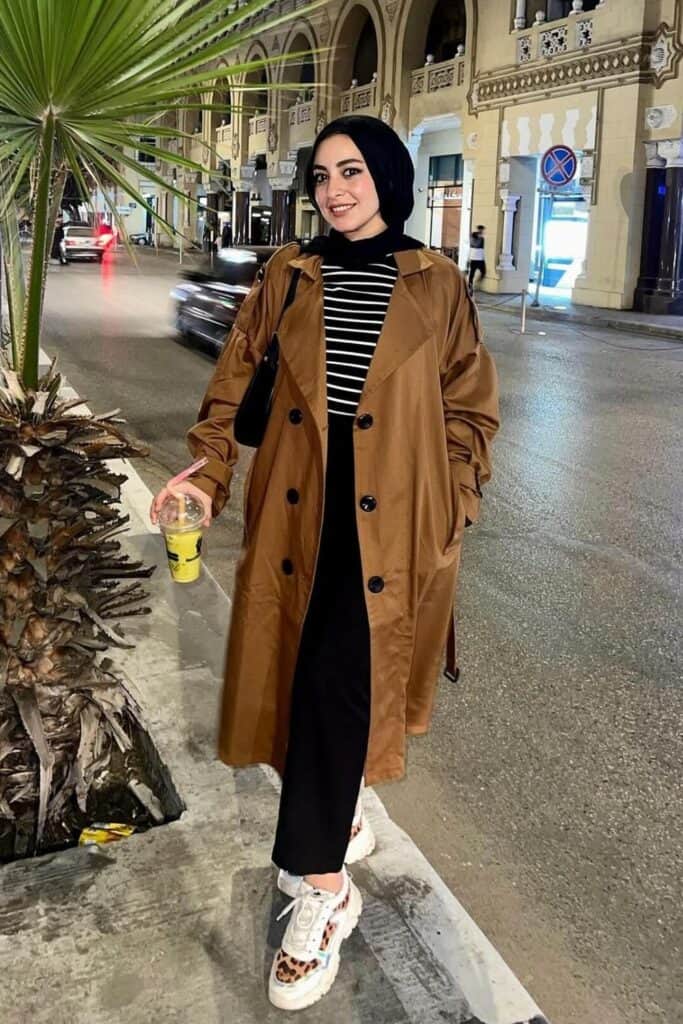Brown Trench with Striped Turtleneck