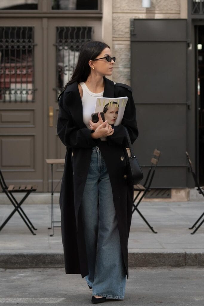 Black Trench with White Tank and Wide-Leg Jeans
