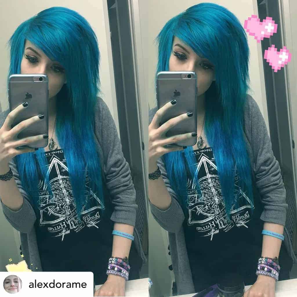 Emo scene bangs on beautiful blue hair.