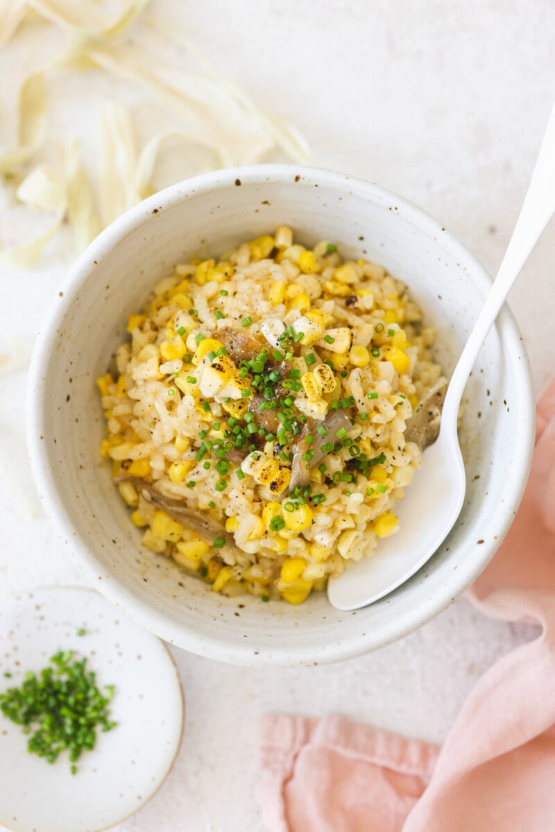 Vegan Corn Risotto with Roasted Shallots